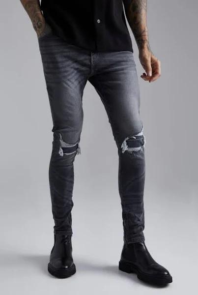 Mens Mid Grey Skinny Stretch Rip and Repair Zips Jeans