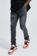 Mens Mid Grey Skinny Stretch Rip & Repair Stacked Jeans