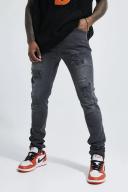 Mens Mid Grey Skinny Stretch Rip & Repair Stacked Jeans