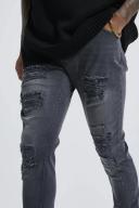 Mens Mid Grey Skinny Stretch Rip & Repair Stacked Jeans