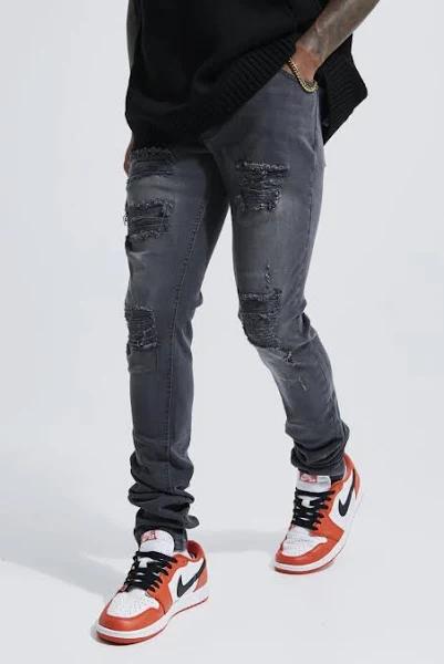 Mens Mid Grey Skinny Stretch Rip & Repair Stacked Jeans