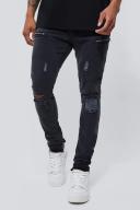 Mens Mid Grey Skinny Stretch Stacked Jeans With Knee rips