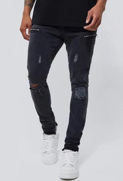 Mens Mid Grey Skinny Stretch Stacked Jeans With Knee rips