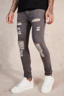 Mens Mid Grey Super Skinny Jeans With All Over rips