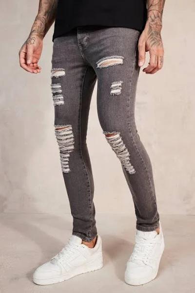 Mens Mid Grey Super Skinny Jeans With All Over rips