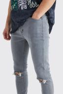 Mens Mid Grey Tall Super Skinny Stretch Ripped Knee Jeans