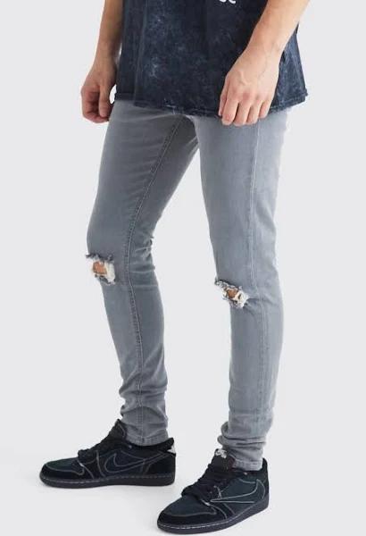 Mens Mid Grey Tall Super Skinny Stretch Ripped Knee Jeans