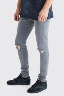 Mens Mid Grey Tall Super Skinny Stretch Ripped Knee Jeans