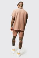 Mens Mocha Oversized Short Sleeve Pleated Shirt and Short