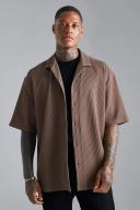 Mens Mocha Pleated Short Sleeve Oversized Boxy Shirt