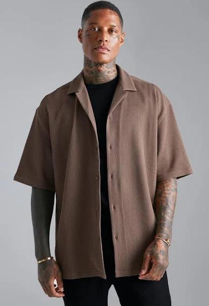 Mens Mocha Pleated Short Sleeve Oversized Boxy Shirt