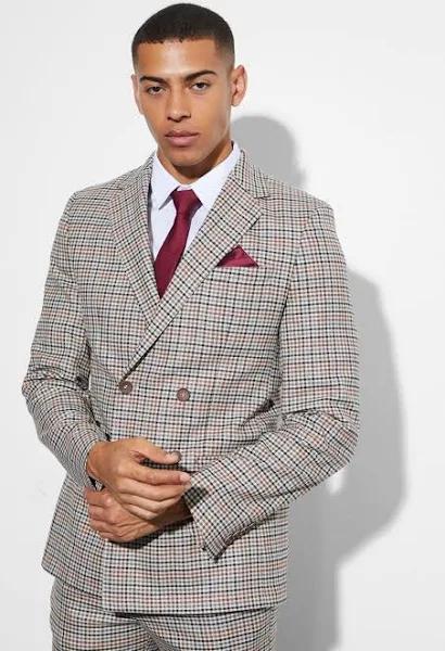 Mens Mocha Slim Double Breasted Check Suit Jacket