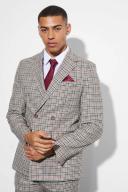 Mens Mocha Slim Double Breasted Check Suit Jacket