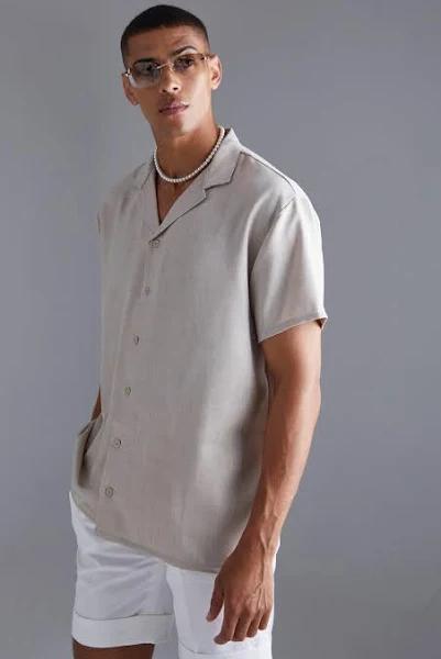 Mens Natural Short Sleeve Oversized Linen Revere Shirt