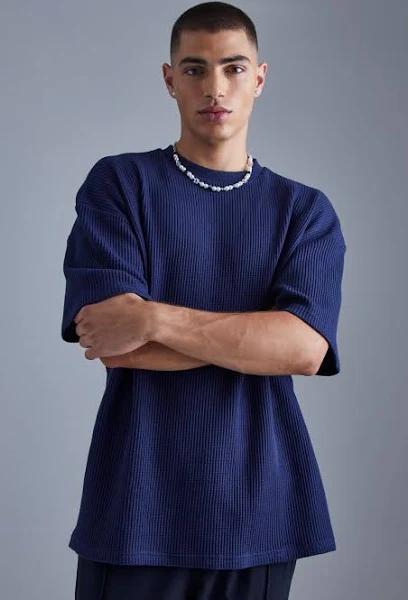 Mens Navy Oversized Heavyweight Waffle T-Shirt