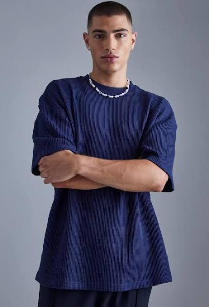 Mens Navy Oversized Heavyweight Waffle T-Shirt