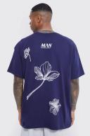 Mens Navy Oversized Stencil Floral Back Print T-Shirt