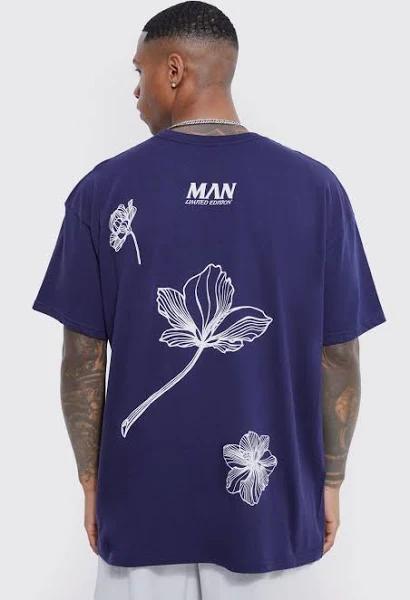 Mens Navy Oversized Stencil Floral Back Print T-Shirt