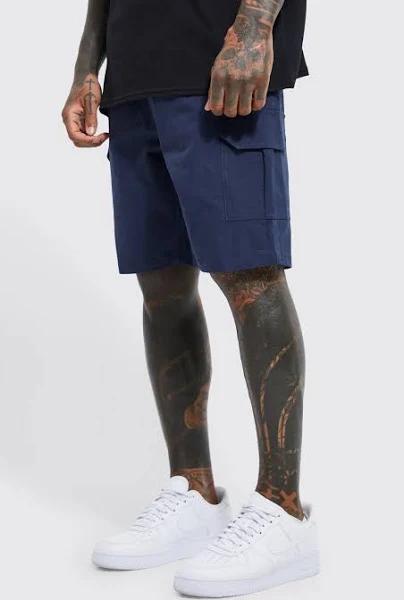 Mens Navy Relaxed Elastic Waist Ripstop Cargo Short