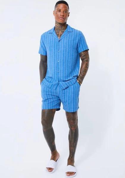 Mens Navy Short Sleeve Revere Linen Stripe Shirt & Short Set