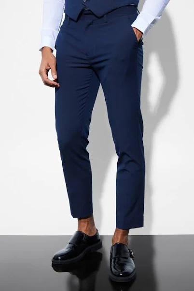 Mens Navy Skinny Cropped Suit Trousers