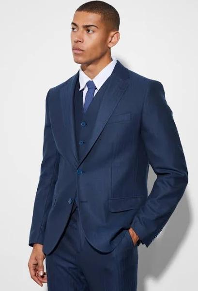 Mens Navy Slim Single Breasted Herringbone Suit Jacket