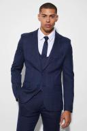 Mens Navy Slim Single Breasted Windowpane Suit Jacket