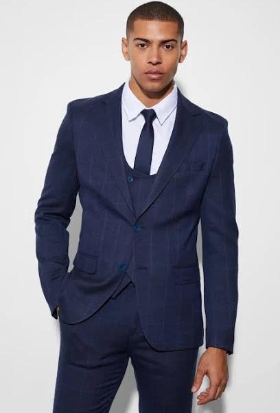 Mens Navy Slim Single Breasted Windowpane Suit Jacket