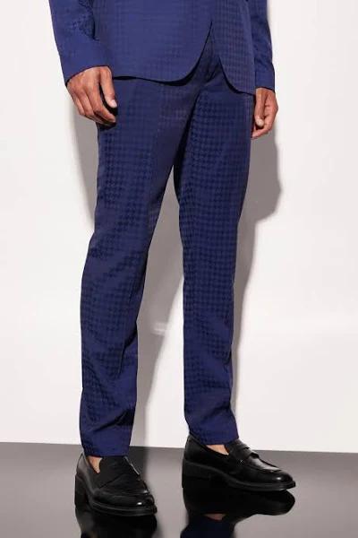 Mens Navy Tall Skinny Houndstooth Crop Suit Trouser