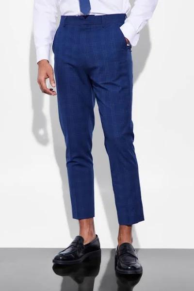 Mens Navy Tapered Check Suit Trousers