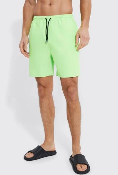 Mens Neon-Green Tall Mid Length Plain Swim Shorts