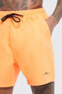 Mens Neon-Orange Man Signature Mid Length Swim Shorts