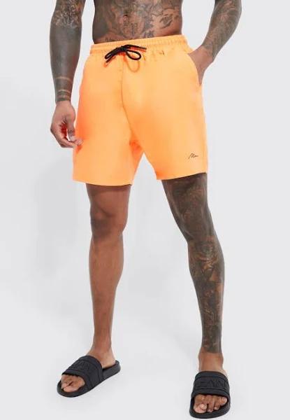 Mens Neon-Orange Man Signature Mid Length Swim Shorts