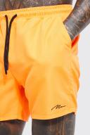 Mens Neon-Orange Man Signature Mid Length Swim Shorts