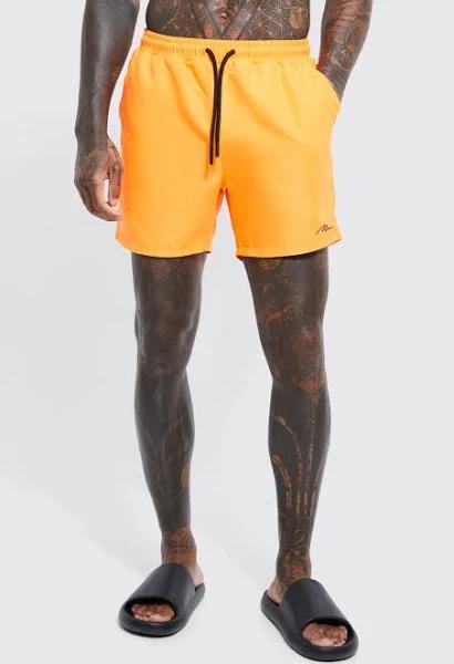 Mens Neon-Orange Man Signature Mid Length Swim Shorts