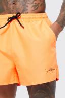 Mens Neon-Orange Man Signature Short Length Swim Shorts