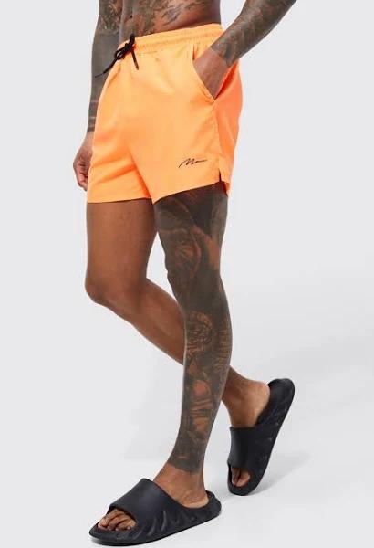 Mens Neon-Orange Man Signature Short Length Swim Shorts