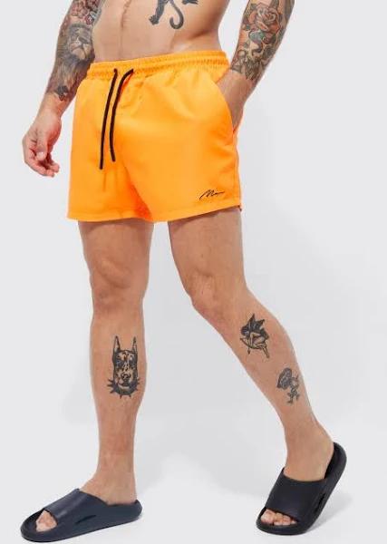 Mens Neon-Orange Man Signature Short Length Swim Shorts