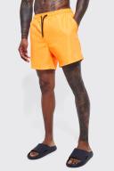 Mens Neon-Orange Mid Length Plain Swim Shorts