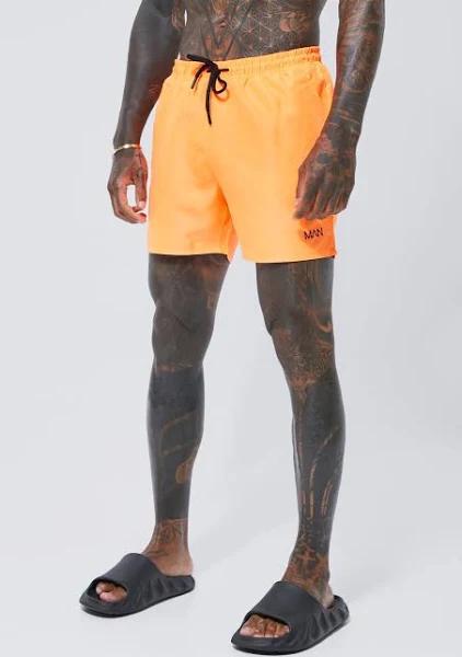 Mens Neon-Orange Original Man Mid Length Swim Shorts