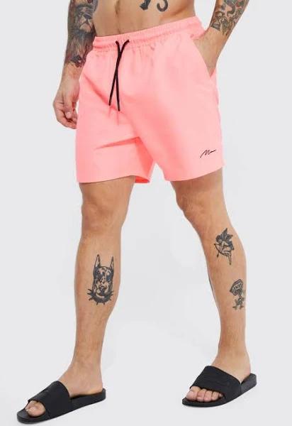 Mens Neon-Pink Man Signature Mid Length Swim Shorts