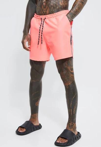 Mens Neon-Pink Mid Length Official Tape Swim Shorts