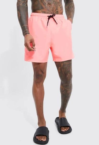Mens Neon-Pink Mid Length Plain Swim Shorts