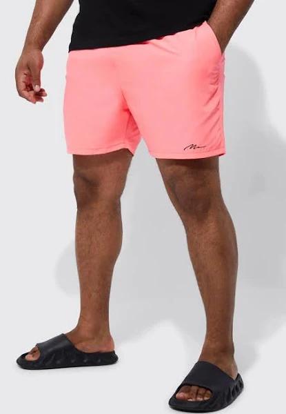 Mens Neon-Pink Plus Man Signature Mid Length Swim Shorts