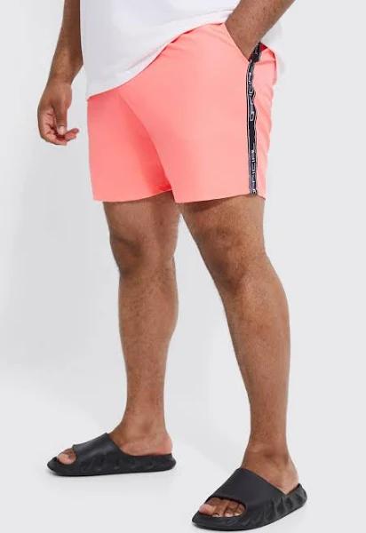 Mens Neon-Pink Plus Mid Length Official Tape Swim Shorts