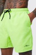 Mens Neon-Yellow Man Signature Mid Length Swim Shorts