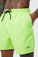 Mens Neon-Yellow Man Signature Mid Length Swim Shorts