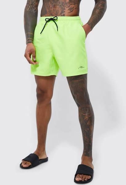Mens Neon-Yellow Man Signature Mid Length Swim Shorts