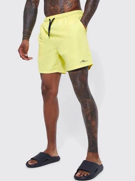 Mens Neon-Yellow Man Signature Mid Length Swim Shorts