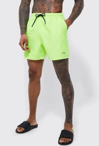 Mens Neon-Yellow Man Signature Mid Length Swim Shorts